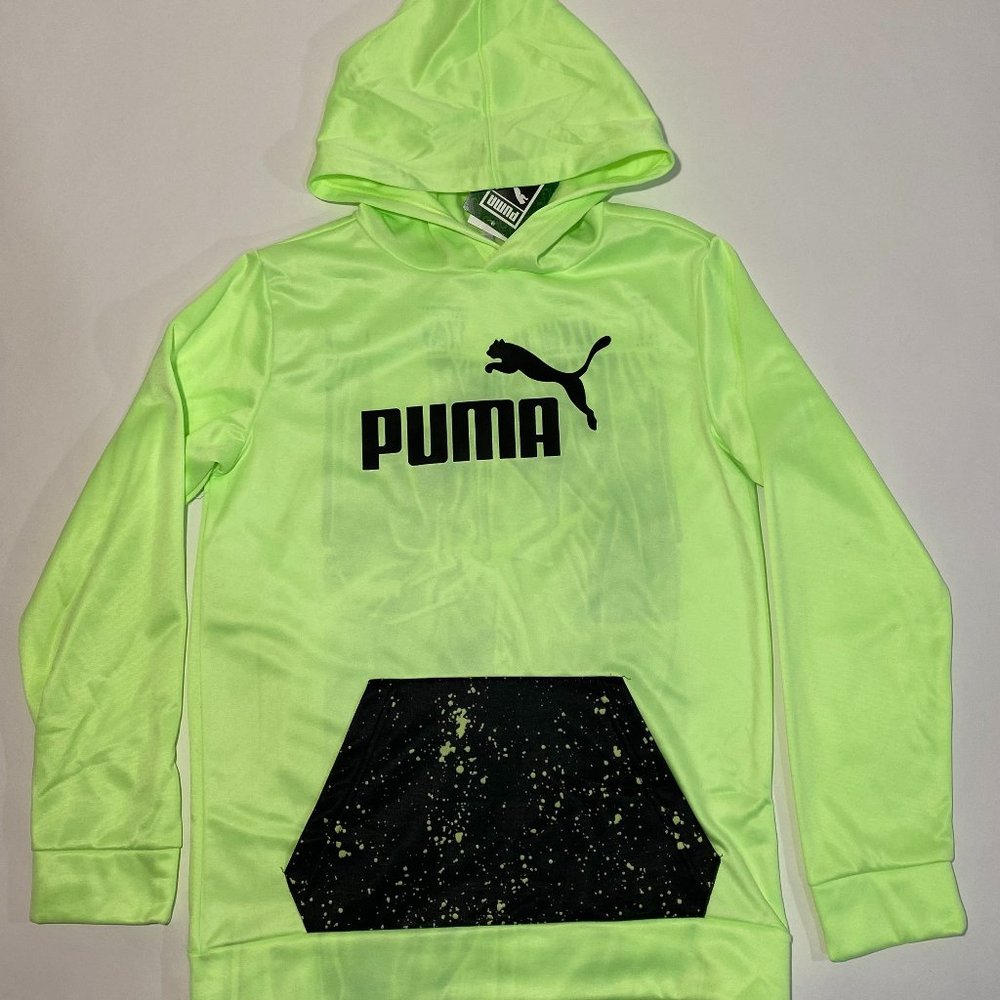 Puma Kids Paint Splatter Graphic Hoodie Mint long Sleeve Pocket Sweatshirt Sz L